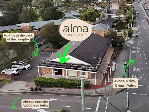 Aerial view of Alma Health at 199 Avoca Drive showing the clinic and rear parking
