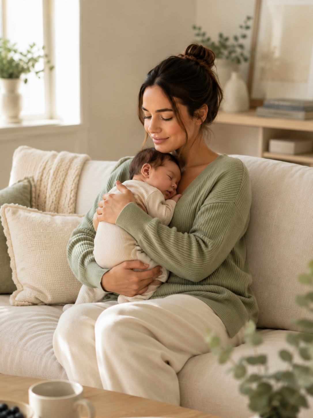 Mother holding her newborn during the fourth trimester